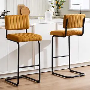 ONEVOG 30 Inch Modern Bar Stools Set of 2, Upholstered Mid Century Modern Bar Height Stools Chairs with Tufted Cushion and Backs, Velvet Fabric Cantilever Barstools for Kitchen Island Pub