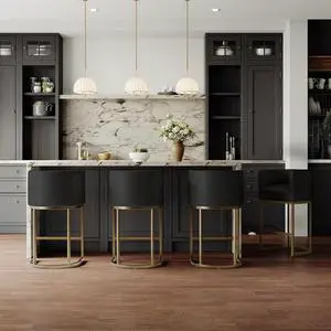 Modern Counter Height Bar Stools,Bar Stools Set of 3,Faux Leather Upholstered Barrel Barstools with Backs,26'' Kitchen Island Chairs,Metal Gold Frames,Black Leather