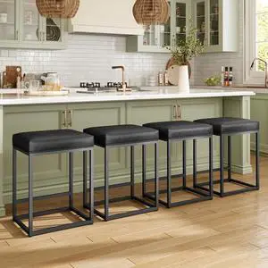 MAISON ARTS Bar stools Set of 4 Black | Counter Height for Kitchen Island | Modern Metal Frame 24" Backless Stools | Faux Leather Upholstered Farmhouse Bar Height Seating