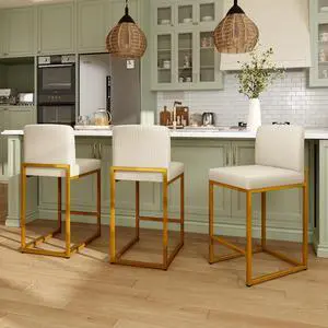 MAISON ARTS Off White & Gold Bar Stools Set of 3, Counter Height 24 Inch Barstools with Back, Modern Faux Leather Upholstered Bar Chairs for Kitchen Island & Home Bar, Metal Frame, Supports 330 lbs