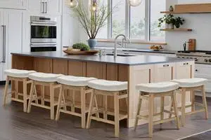 Counter Height White Bar Stools Set of 6 for Kitchen Counter Farmhouse Modern Barstools with Faux Leather Upholstered Backless Seat and Solid Wood Legs 24 inch Bar Chairs, White + Wood Color