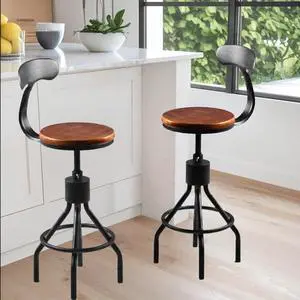 Diwhy Industrial Vintage Bar Stool, Kitchen Counter Height Adjustable Pipe Chair, Cast Iron Stool, Swivel Bar Stool with Backrest, Silver, Fully Welded Set of 2 Brown Wood Seat