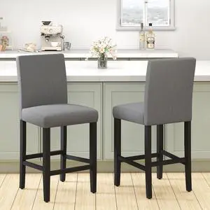 LSSPAID Bar Stools Set of 2, 24.8 Inch Upholstered Fabric Counter Height Stools, Modern Kitchen Island Wood Bar Chairs Barstools with Backrest and Solid Wood Legs, Grey