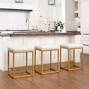 PHI VILLA Bar Stools Set of 3 - Thick Cushion Metal Steel Frame Base with Footrest Kitchen Stools, Gold Bar stools