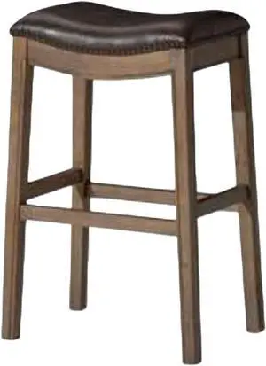 Maven Lane Adrien Backless Bar Stool  31 Inch Saddle Seat with Footrest  Brown Solid Wood Frame & Beige Faux Leather Upholstery  Ideal for Bars, Pub Tables & Tall Kitchen Counters