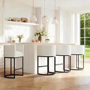 Modern Counter Height Bar Stools,Bar Stools Set of 4,PU Leather Upholstered Barrel Barstools with Backs,26'' Kitchen Island Chairs,Metal Black Frames,Pearl Beige White Leather