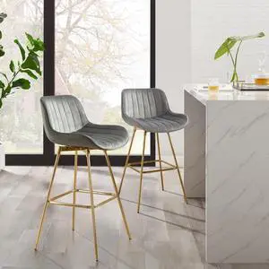 Zouron Swivel Bar Stools Set of 2, 29" Bar Height Chairs with Back Tall Barstools Velvet Kitchen Island Stools with Gold-Plated Metal Legs, Gray