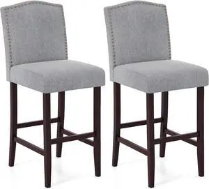 COSTWAY Bar Stools Set of 2, 30 Bar Height Stools w/Solid Rubber Wood Frame, Nailhead Trim, Built-in Footrests, Upholstered Bar Chairs, Linen Fabric Island Chairs for Kitchen, Dining Room, Pub, Grey