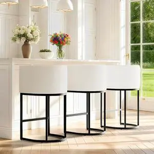 Modern Counter Height Bar Stools,Bar Stools Set of 3,Fabric Upholstered Barrel Barstools with Backs,26'' Kitchen Island Chairs,Metal Black Frames,Snowy White Linen