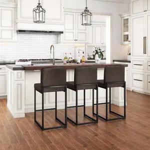 PHI VILLA Bar Stools Set of 3 - Counter Height Bar Stool Leather Stools for Kitchen Counter, Grey Bar Stools with Back