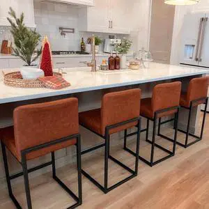 ALPHA HOME 24 Bar Stools Set of 4 Counter Height Bar Stool Pu Leather Kitchen Modern Bar Stools with Backrest Upholstered Footrest Sturdy Chromed Metal Steel Frame,Brown.