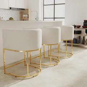 Contemporary Cream Linen Bar Stools Set of 3, 24" Upholstered Fabric Counter Height Barstools Kitchen Counter Island Stools with Screwed Together Golden Metal Base