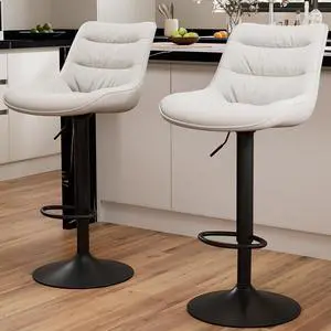 Kidol & Shellder Bar Stools Set of 2 Adjustable Swivel White, PU Leather Upholstered with Back, Modern Counter Height Stools for Kitchen Island, Home Bar