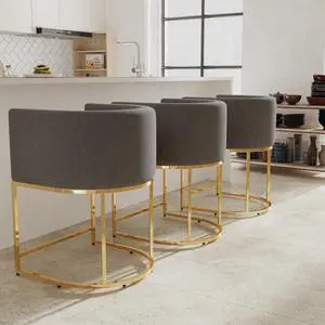 Contemporary Grey Velvet Bar Stools Set of 3, 24" Upholstered Fabric Counter Height Barstools Kitchen Counter Island Stools with Screwed Together Golden Metal Base