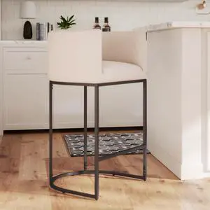 HNY Modern Counter Height Linen Fabric Cream Upholstered Counter Stool, 29 Inch Kitchen Island Stool with Black Tubular Frame