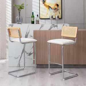 ONEVOG Boucle Rattan Bar Stools Set of 2, 29'' Bar Height Stools with Natural Cane Back, Solid Wood Frame Bar Chairs with Chrome Legs, Cantilevered Design Upholstered Stools, White