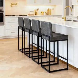 MAISON ARTS Faux Leather Bar Stools Set of 4, 24 Inch Counter Height Barstools with Back, Metal Legs, Footrest, Modern Upholstered Bar Chairs for Kitchen Island Home Bar, Grey