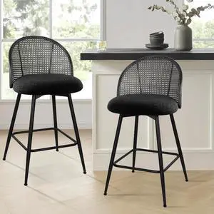 Counter Height Bar Stools Set of 2 Swivel Barstool with Black Rattan Cane Backs, 26" Boucle Fabric Upholstered Counter Stools for Kitchen Island, Boho Mid-Century Modern Bar Chairs, Black