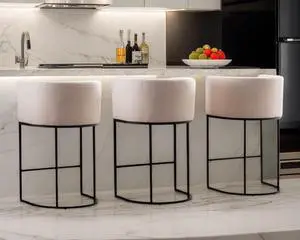 Contemporary Cream Linen Bar Stools Set of 3, 29" Upholstered Fabric Counter Height Barstools Kitchen Counter Island Stools with Black Metal Base
