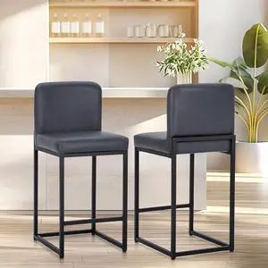 ALPHA HOME 24 Inch Bar Stools Set of 2 Kitchen Counter Stools with Back Pu Leather Counter Chair Counter Height Bar Stools with Upholstered Footrest Sturdy Chromed Metal Steel Frame, Midnight Blue