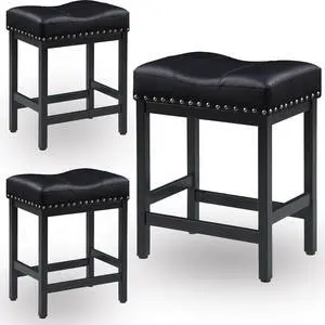 KORZEY Bar Stools Set of 3, 24" Counter Height Bar Stools, Pu Leather Barstools Metal Frame for Kitchen Island, Saddle Barstools with Nailhead Trim, Black