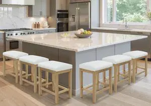 Counter Height White Bar Stools Set of 6 for Kitchen Counter Farmhouse Modern Barstools with Faux Leather Upholstered Backless Seat and Solid Wood Legs 24 inch Bar Chairs, White + Wood Color