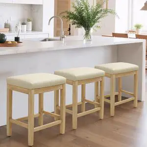 Counter Height Bar Stools Set of 3 for Kitchen Counter Farmhouse Modern Backless Barstools with Faux Leather Upholstered Seat and Solid Wood Legs 24 inch Bar Chairs, Khaki + Wood Color