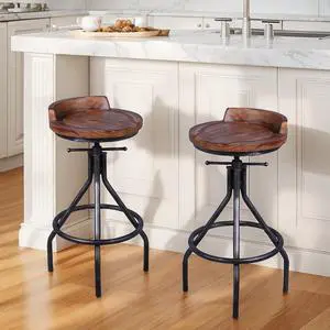 Set of 2 Industrial Bar Stools with Mini Backrest Swivel Wooden Seat Counter Height Adjustable 24.4-30.3inch Kitchen Dining Chair