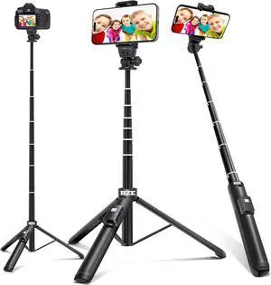 BZE 62 inches Extendable Selfie Stick Tripod with Wireless Remote & Phone Holder, Portable Aluminum Alloy 3 in 1 Stand for Group Photos, Vlogging & Travel Compatible with All Smartphones BZE 62 inches Extendable Selfie Stick Tripod with Wireless Remote & Phone Holder, Portable Aluminum Alloy 3 in 1 Stand for Group Photos, Vlogging & Travel Compatible with All Smartphones