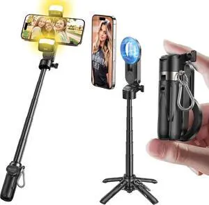 MAGIC JOHN Phone Tripod with 2 Selfie Light, Portable Pocket Size Selfie Stick for iPhone Magsafe, Selfie Stick with Detachable Remote Control for Photograph, Live Streaming, Video Recording MAGIC JOHN Phone Tripod with 2 Selfie Light, Portable Pocket Size Selfie Stick for iPhone Magsafe, Selfie Stick with Detachable Remote Control for Photograph, Live Streaming, Video Recording