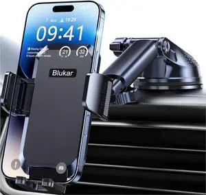 Blukar Phone Holder Car, [Upgraded Strong Suction] Adjustable Car Phone Holders Mount for Car Dashboard/Windscreen, 360°Rotation, One Button Release, Automobile Cradle for iPhone Android Smartphones