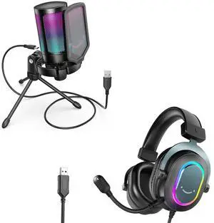 VoltSync Gaming USB Microphone with Headset Bundle for PS5, PC Condenser Mic with Quick Mute, RGB, Gain Control for Streaming, Wired Headphones with Microphone Set with EQ Mode, Soft Ear Pads (A6V+H6) VoltSync Gaming USB Microphone with Headset Bundle for PS5, PC Condenser Mic with Quick Mute, RGB, Gain Control for Streaming, Wired Headphones with Microphone Set with EQ Mode, Soft Ear Pads (A6V+H6)