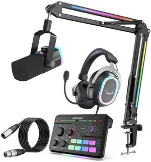 VoltSync Streaming Microphone Kit, RGB Dynamic Mic with Boom Arm, 7.1 Surround Sound Mixer,Mic Set with Noise-Canceling Wired Headset and 9.8ft XLR Cable for PC/Podcast/Recording-(AM8PROT+SC8+H13BP+L9 VoltSync Streaming Microphone Kit, RGB Dynamic Mic with Boom Arm, 7.1 Surround Sound Mixer,Mic Set with Noise-Canceling Wired Headset and 9.8ft XLR Cable for PC/Podcast/Recording-(AM8PROT+SC8+H13BP+L9