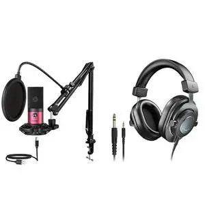 VoltSync Podcast Microphone and Over Ear Headphones, USB Computer Recording Microphone with Arm Stand Shock Mount Pop Filter, Studio Headphones for Streaming, Gaming, Podcasts Monitoring (T669R+H8) VoltSync Podcast Microphone and Over Ear Headphones, USB Computer Recording Microphone with Arm Stand Shock Mount Pop Filter, Studio Headphones for Streaming, Gaming, Podcasts Monitoring (T669R+H8)