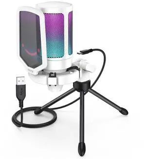 VoltSync AmpliGame USB Microphone, PC Gaming Recording Desktop Laptop Mic, RGB Streaming Podcasting Condenser Mic for Online Game, Vocal, with Mute Button, Gain Knob, Tripod Stand-A6V White VoltSync AmpliGame USB Microphone, PC Gaming Recording Desktop Laptop Mic, RGB Streaming Podcasting Condenser Mic for Online Game, Vocal, with Mute Button, Gain Knob, Tripod Stand-A6V White