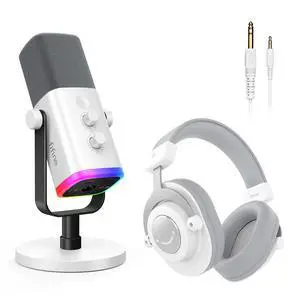 VoltSync Gaming XLR/USB Microphone with Studio Headphones Bundle, Recording Equipment Set with Headphone Jack, Volume Control, 3.5mm/6.35mm Plug Compatible with Mixer/Computer/Instrument (AM8+H8 White VoltSync Gaming XLR/USB Microphone with Studio Headphones Bundle, Recording Equipment Set with Headphone Jack, Volume Control, 3.5mm/6.35mm Plug Compatible with Mixer/Computer/Instrument (AM8+H8 White