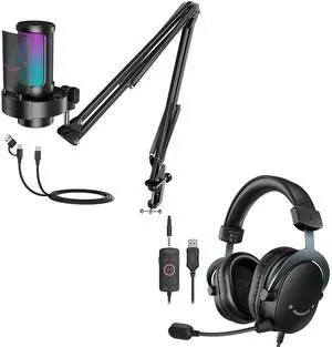 VoltSync USB Condenser Microphone Kit with Gaming Headset Set, RGB Mic with Gain Knob, Mute Button, Over-Ear Wired Headphones with Control Box, 7.1 Surround Sound for PC, PS5 Streaming (A8T+H9) VoltSync USB Condenser Microphone Kit with Gaming Headset Set, RGB Mic with Gain Knob, Mute Button, Over-Ear Wired Headphones with Control Box, 7.1 Surround Sound for PC, PS5 Streaming (A8T+H9)