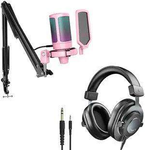 VoltSync Streaming Microphone Set and 3.5mm/6.35mm Studio Headphones, Recording Gaming Kit Bundle for Podcasting, Condenser Mic, Monitoring Headphones with Adjustable Headband-Pink (A6TP+H8) VoltSync Streaming Microphone Set and 3.5mm/6.35mm Studio Headphones, Recording Gaming Kit Bundle for Podcasting, Condenser Mic, Monitoring Headphones with Adjustable Headband-Pink (A6TP+H8)