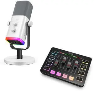 VoltSync XLR/USB Dynamic Microphone with Audio Mixer Bundle, Streaming Microphone with Mute Button, Headphones Jack, XLR Mixer with RGB Lighting, Volume Faders for Gaming, Recording, Podcast (AM8W+SC3 VoltSync XLR/USB Dynamic Microphone with Audio Mixer Bundle, Streaming Microphone with Mute Button, Headphones Jack, XLR Mixer with RGB Lighting, Volume Faders for Gaming, Recording, Podcast (AM8W+SC3