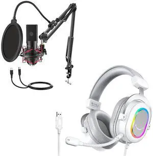 VoltSync Computer Mic and White Gaming Headset, USB Microphone Set with Flexible Boom Arm Stand Pop Filter, Plug and Play, Wired Headphones for Streaming Podcast on PC/PS4/PS5 (T732+H6W) VoltSync Computer Mic and White Gaming Headset, USB Microphone Set with Flexible Boom Arm Stand Pop Filter, Plug and Play, Wired Headphones for Streaming Podcast on PC/PS4/PS5 (T732+H6W)