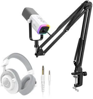 VoltSync Recording Bundle with XLR/USB Microphone and Studio Headphones, Dynamic Gaming Mic Kit with RGB, Mute, Monitoring, Over-Ear Headset for PC/Mixer Vocal Music Instrument Streaming (AM8T+H8 Whit VoltSync Recording Bundle with XLR/USB Microphone and Studio Headphones, Dynamic Gaming Mic Kit with RGB, Mute, Monitoring, Over-Ear Headset for PC/Mixer Vocal Music Instrument Streaming (AM8T+H8 Whit
