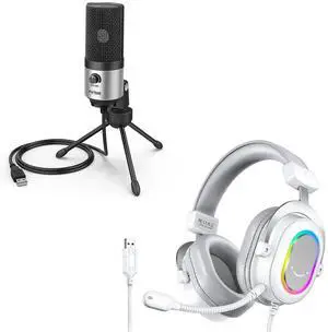 VoltSync USB Desktop Recording Microphone with Gaming Headset Bundle, Podcast Streaming Condenser PC Mic with Volume Knob, Metal Body, Over-Ear Headset Set, Compatible with PS4/PS5Computer (K669S+H6W) VoltSync USB Desktop Recording Microphone with Gaming Headset Bundle, Podcast Streaming Condenser PC Mic with Volume Knob, Metal Body, Over-Ear Headset Set, Compatible with PS4/PS5Computer (K669S+H6W)