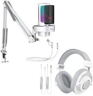 VoltSync USB Gaming Microphone Kit with Recording Headphones Bundle, Condenser PC Microphone with Over-Ear Headphone Set for Streaming, Podcasting with Monitoring, Gain Knob, Tap-to-Mute (A8T+H8 White VoltSync USB Gaming Microphone Kit with Recording Headphones Bundle, Condenser PC Microphone with Over-Ear Headphone Set for Streaming, Podcasting with Monitoring, Gain Knob, Tap-to-Mute (A8T+H8 White