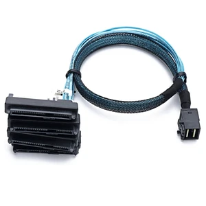 Mini SAS HD SFF-8643 to (4) 29pin SFF-8482 Server Cable with SAS 15pin Power Port Cable (39.37, Inches) Mini SAS HD SFF-8643 to (4) 29pin SFF-8482 Server Cable with SAS 15pin Power Port Cable (39.37, Inches)