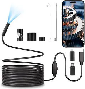 Endoscope Camera with Light, 1920P HD Borescope, 8 Adjustable LED Light, IP67 Waterproof 16.4ft Snake Camera, Semi-Rigid Cable Inspection for Android, iOS