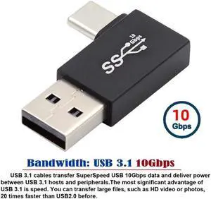JVFYI Left Angled USB3.0 Type A Male to USB 3.1 Type C Male Data 10Gbps Charge Adapter 90 Degree for Laptop Phone