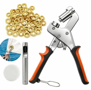 Grommet Pliers Set Manual 2-in-1 Punching & Setting Tool Includes 100 Brass Grommets (10mm), Punch, and Base Suitable for Tarps, Leather, Banners, and Posters. Grommet Pliers Set Manual 2-in-1 Punching & Setting Tool Includes 100 Brass Grommets (10mm), Punch, and Base Suitable for Tarps, Leather, Banners, and Posters.