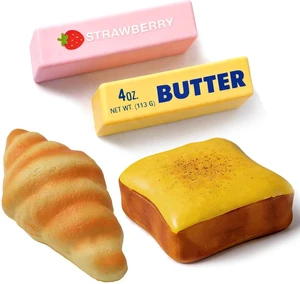 4Pcs Squishy Toys Set, Slow Rising Butter Squishy, Toast Bread and Croissant Squishies, Soft PU Foam Squeeze Toys for Stress Relief, Fidget Toys, Party Favors, Desk Toys, Gifts for Adults