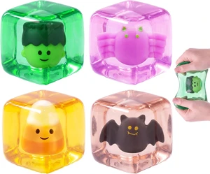 JOYIN 4 PCS Halloween Glow-in-the-Dark Stress Cube, 2'' Slow Rising Ice Cube Squishy Toys, High Density Relief Stress Balls, Sensory Toy for Kids, Party Favors, Trick or Treating, Classroom Prize