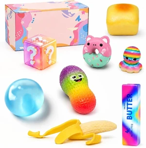 8 pcs Squishy Surprise Set, Cute Animal & Snack Sensory Fidgets, Slow Rising Squeeze Toys, Shapeable No Rebound Coconut Oil, Banana, Rainbow Butter & Bread, Party Favors & Gifts for Kids Adults